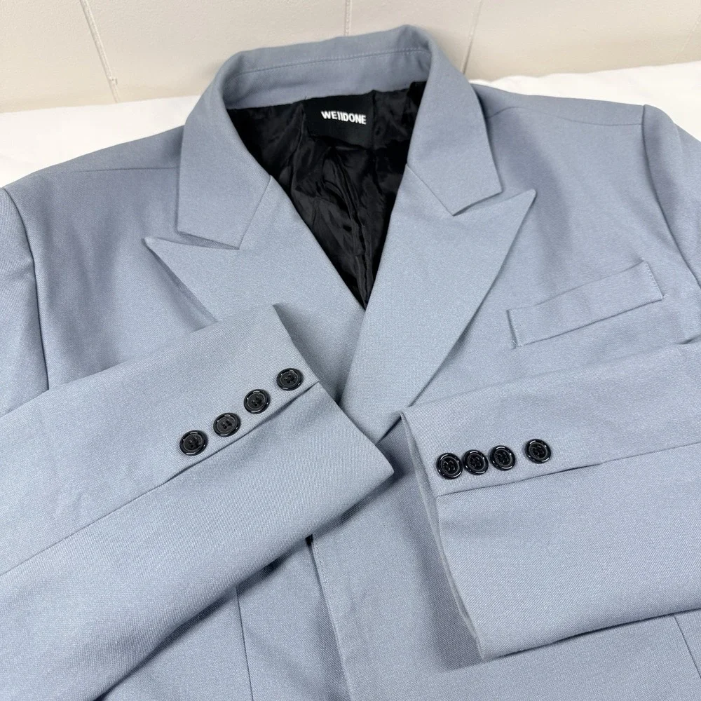 We11done Embossed Logo Double Blazer Jacket Unisex M Sky Blue Oversized Korea